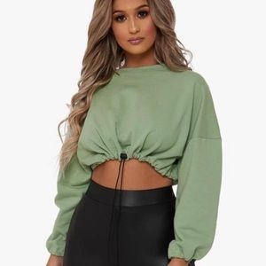 Green Crop Top Drawstring Sweatshirt